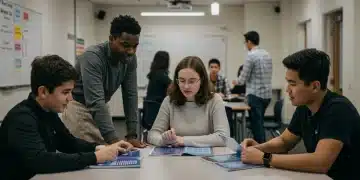 Diverse students and teachers collaborating in a modern classroom, representing K-12 curriculum standards 2025.