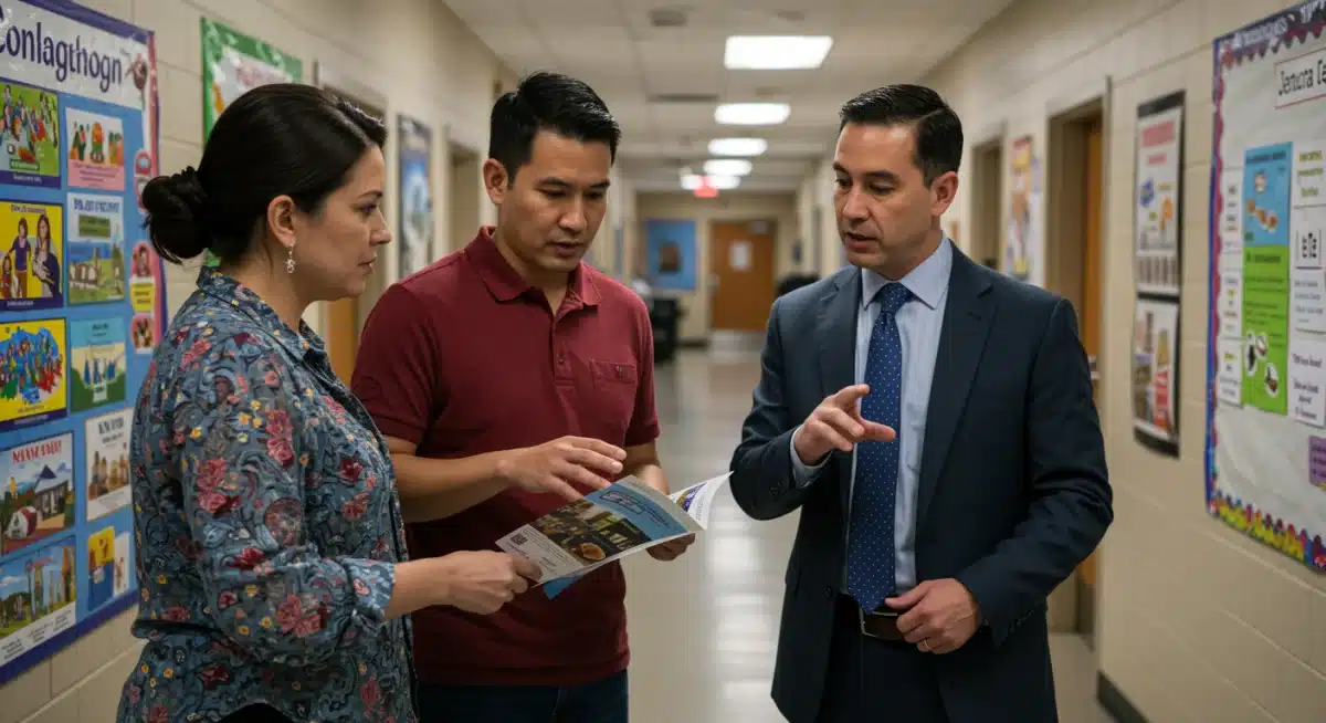 Parent and teacher discussing new K-12 curriculum standards in a school setting.