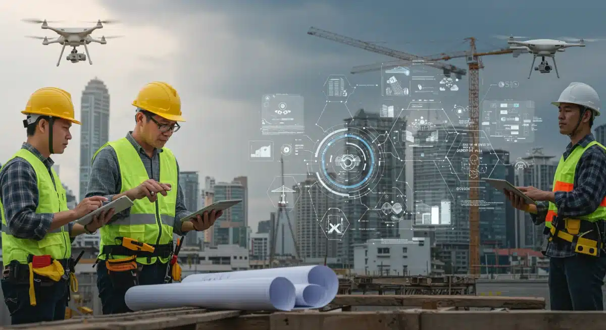 Engineers and construction workers collaborating on smart city infrastructure