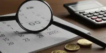 Calendar page for 2025 with a magnifying glass, calculator, and coins, symbolizing financial planning for the future.