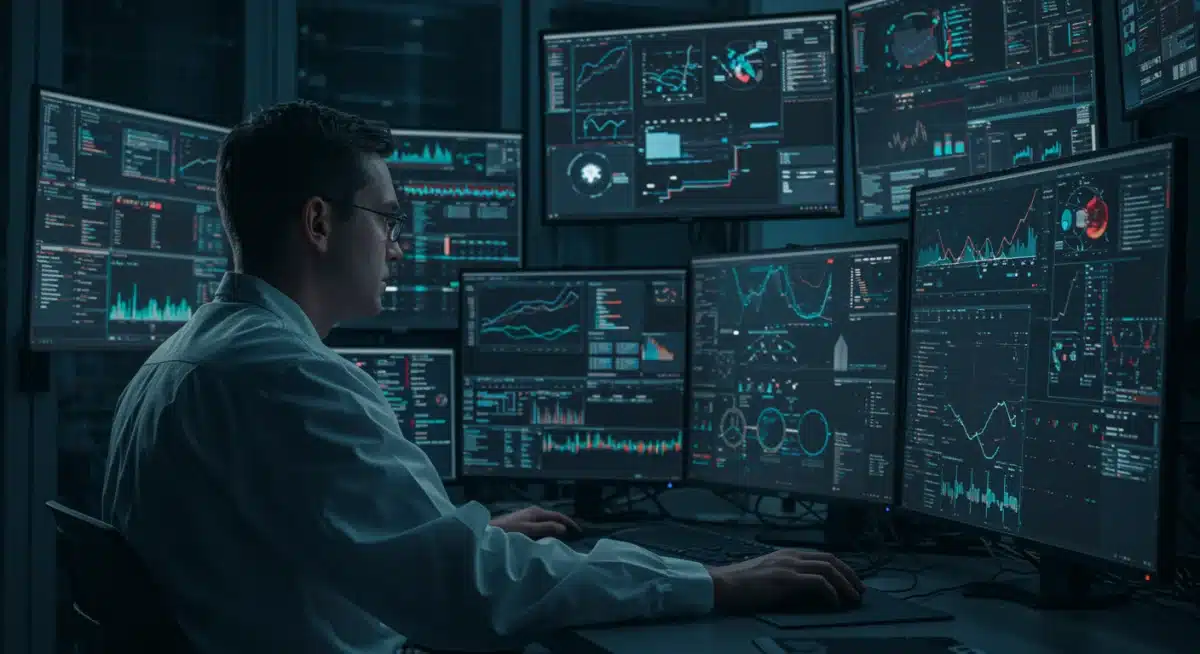 Cybersecurity expert monitoring network threats in a data center