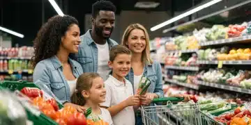 Family happily grocery shopping with new SNAP benefits