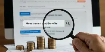 Hand with magnifying glass searching for unclaimed government benefits on a computer screen.