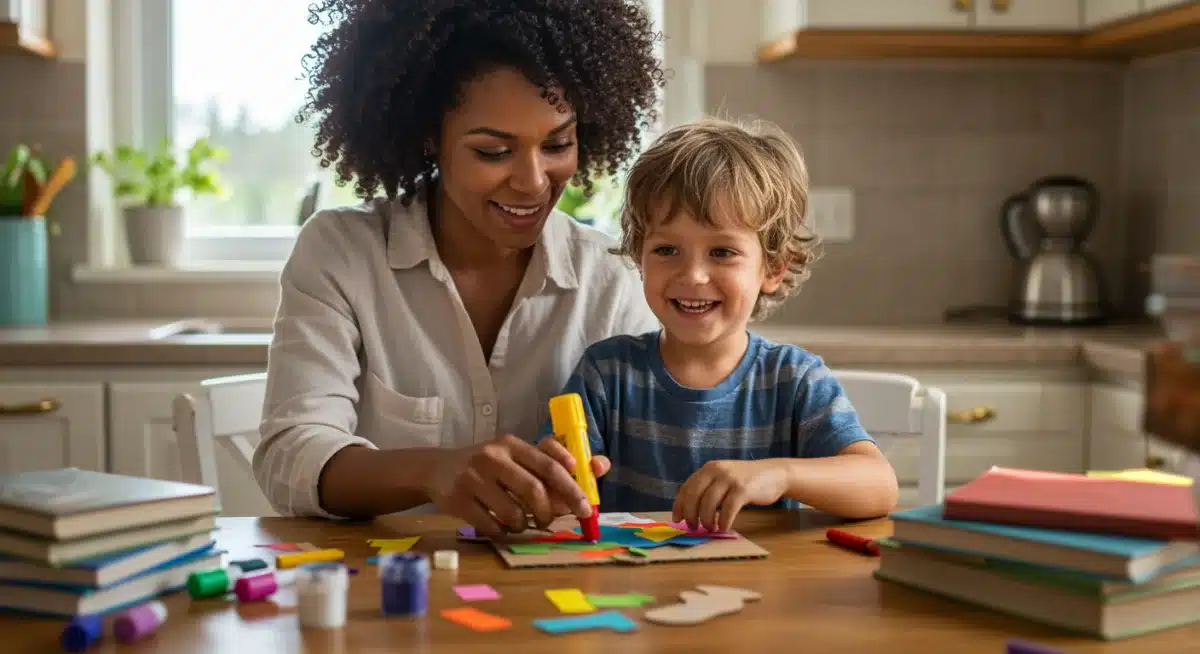 Parent and child collaborating on a school project