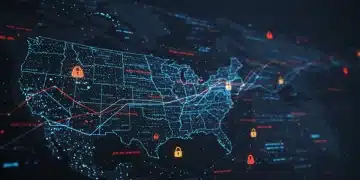 Digital map of US with cyberattack data streams and security alerts
