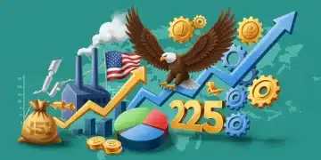 Illustration of strong US economic growth in 2025, with upward charts and a thriving industrial landscape.