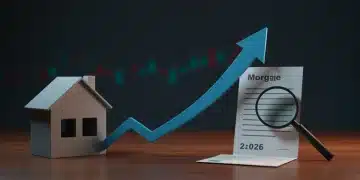 Stylized graphic showing rising interest rates impacting mortgage payments on a house.
