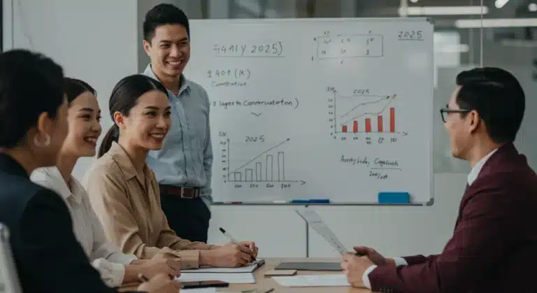 Financial advisor explaining 401(k) growth strategies to clients for 2025