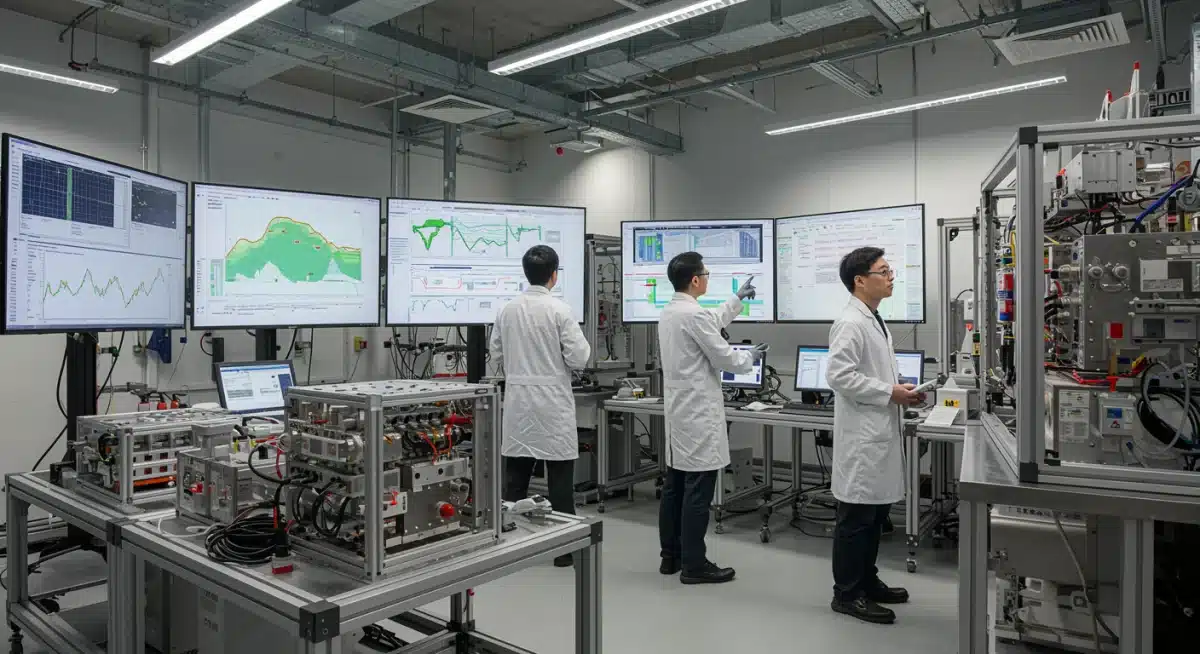 Scientists developing advanced energy storage solutions in a lab.