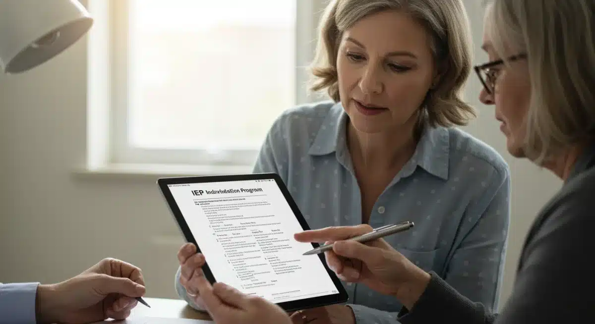 Parent and teacher reviewing IEP on tablet, symbolizing collaborative special education planning.