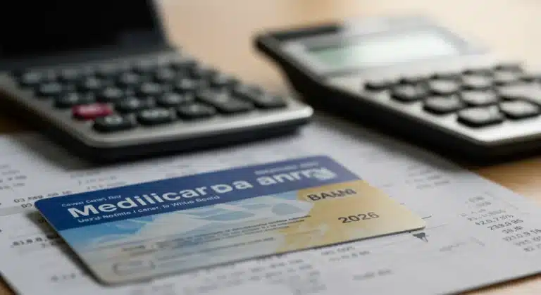 Medicare card with 2026 date, calculator, and financial documents on a table