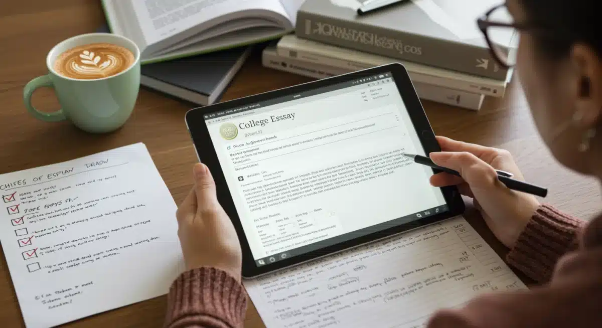 Student carefully revising a college essay for submission.