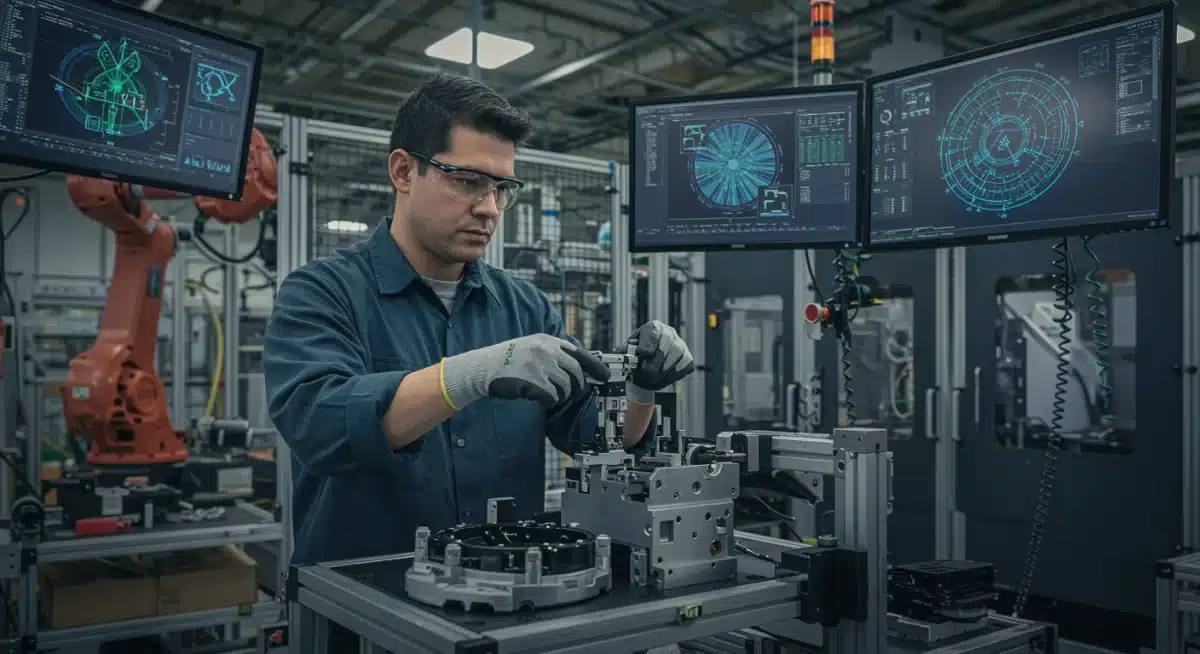 Skilled technician working on advanced manufacturing equipment, showcasing precision and technological expertise in a modern USA factory.