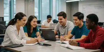 High school students engaged in an early college program class, actively learning
