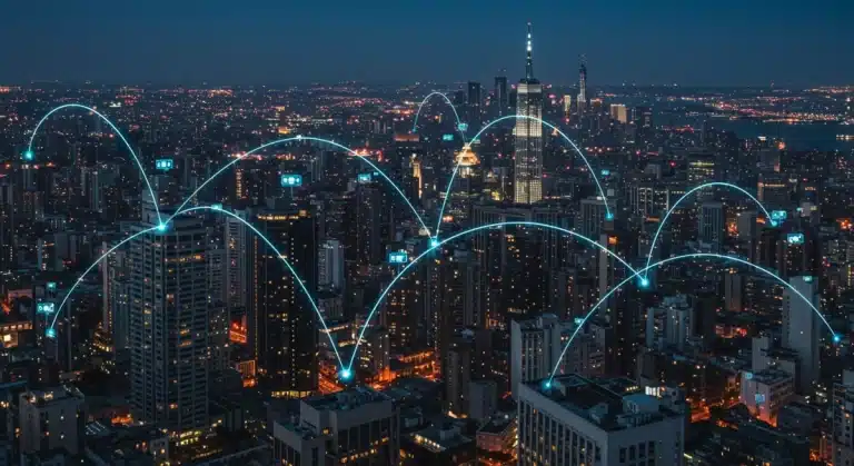 Futuristic cityscape with glowing data streams, symbolizing 2026 tech sector growth