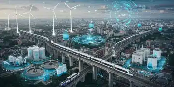 Futuristic infrastructure landscape with smart city elements and green energy solutions.