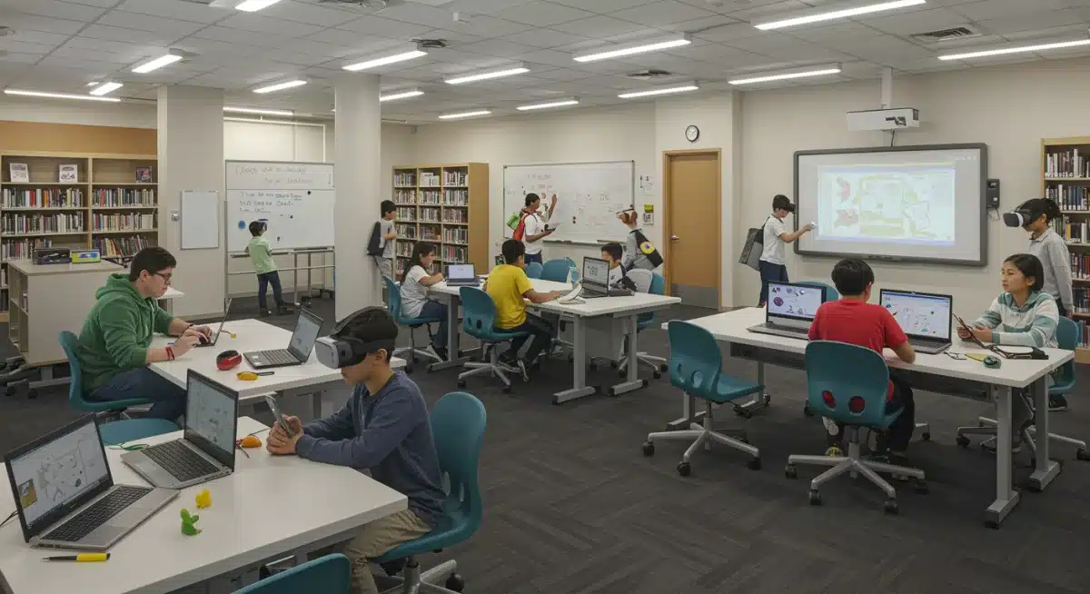 Students collaborating on digital projects in a modern school media center