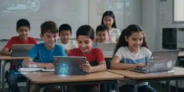 Students learning with digital tools in a modern 2026 US classroom