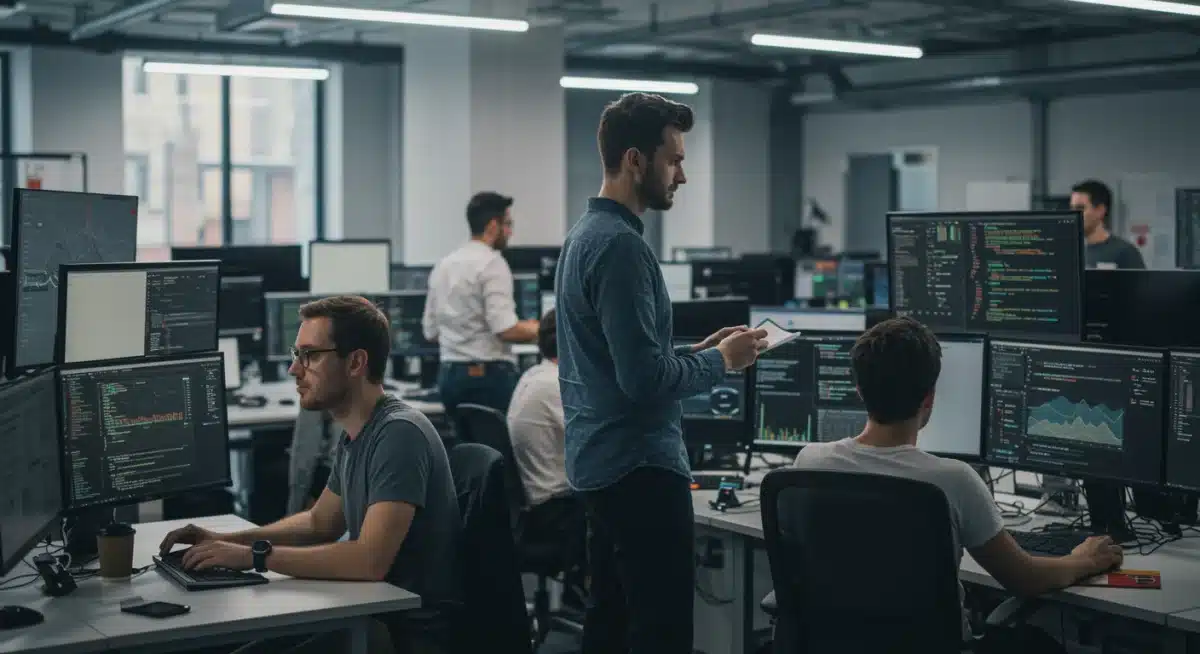 Diverse tech professionals collaborating in a modern office, symbolizing innovation