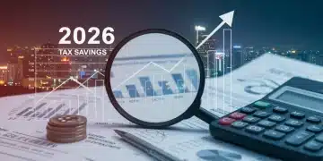 Financial charts with a magnifying glass over '2026 Capital Gains Tax' and a calculator, symbolizing tax planning.