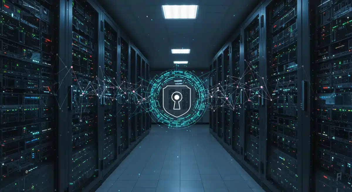 Secure data center with glowing connections, symbolizing AI cybersecurity