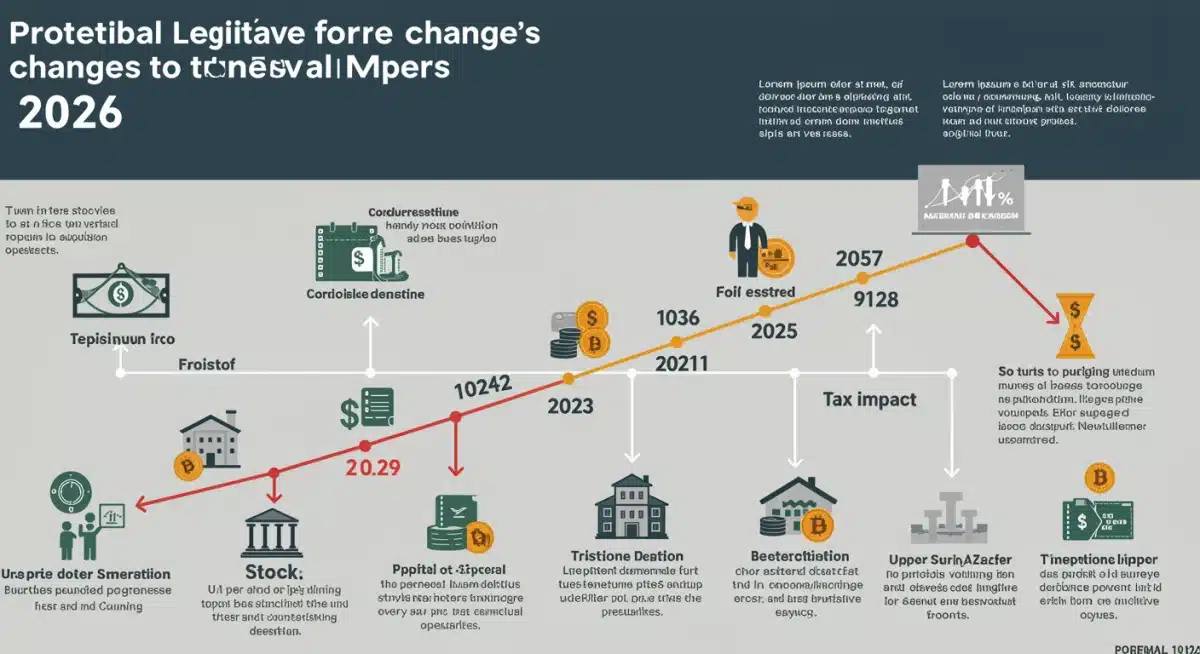 Infographic illustrating a timeline of legislative changes affecting capital gains tax up to 2026, with various investment icons.