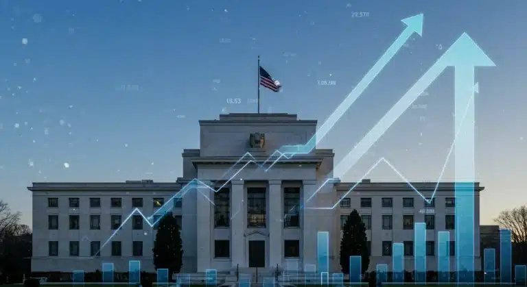 Federal Reserve building with economic data overlay, symbolizing future rate adjustments