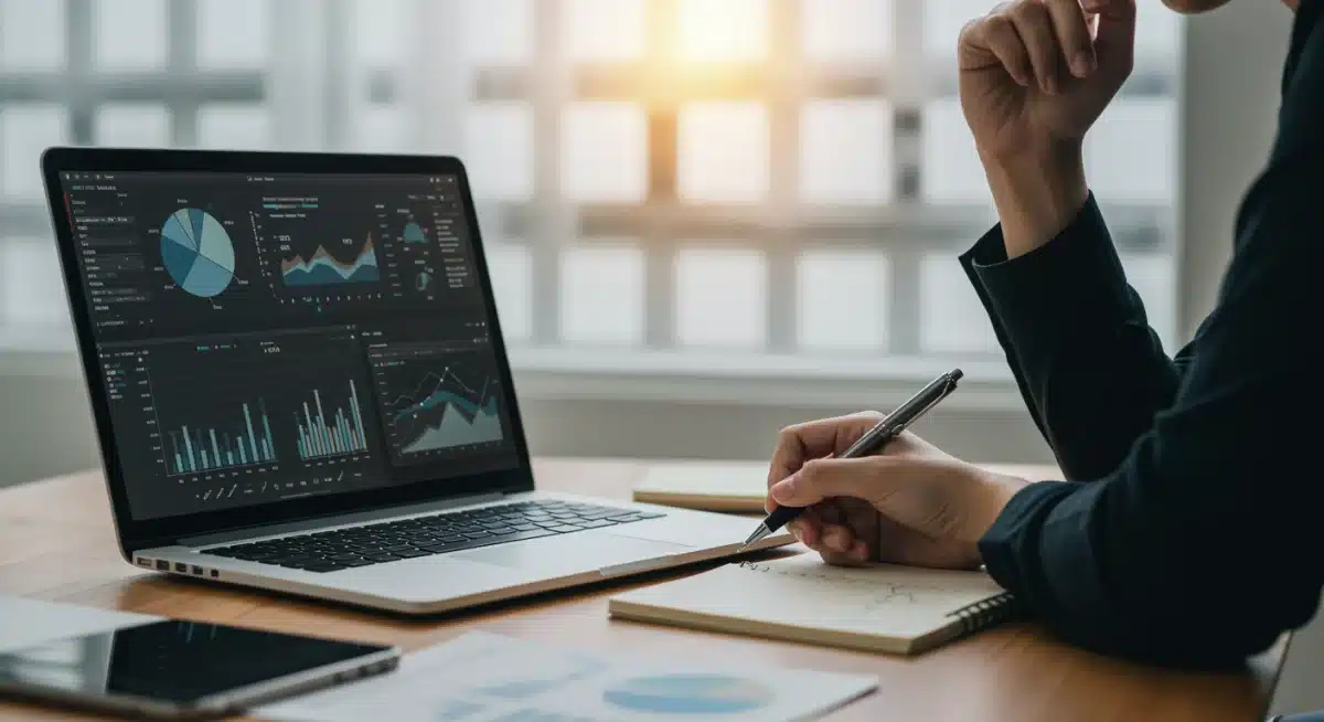 Individual analyzing financial data on a laptop, contemplating investment and tax strategies.