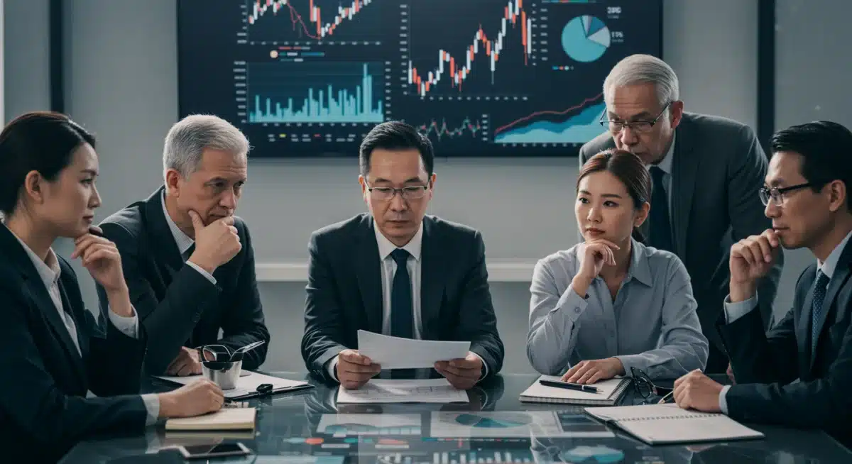 Investors discussing financial strategies in front of market data.