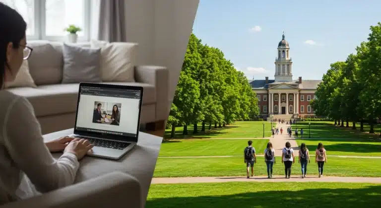 Students comparing online learning with traditional campus experience for 2026