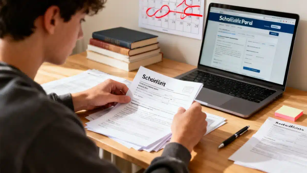 Student organizing 2026 STEM scholarship applications.