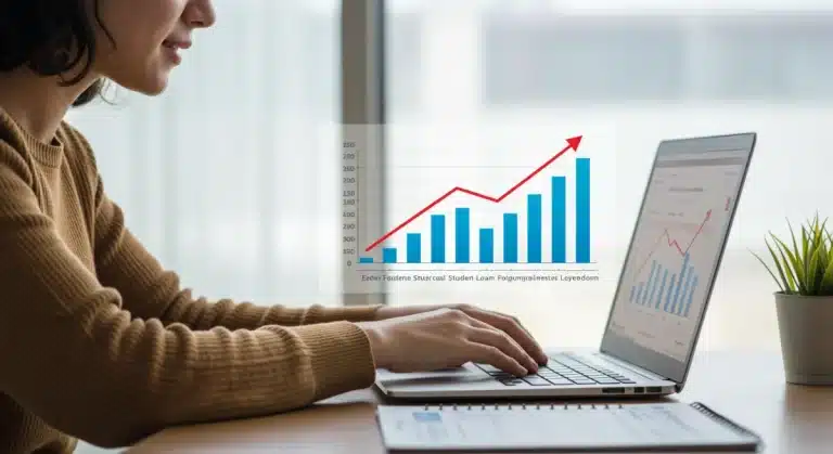 Student looking at federal student loan forgiveness progress on laptop