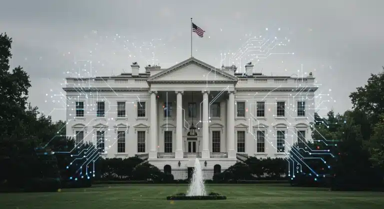 White House with digital AI overlay representing national strategy