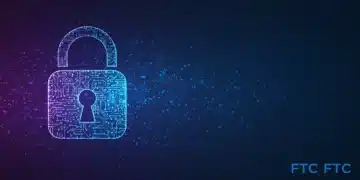 Digital padlock over data, symbolizing FTC data privacy protection and enforcement.