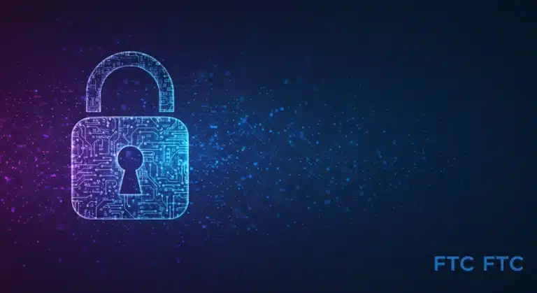 Digital padlock over data, symbolizing FTC data privacy protection and enforcement.