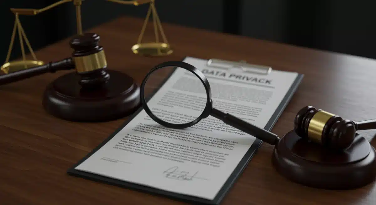 Magnifying glass over legal document, representing FTC data privacy regulations and enforcement.