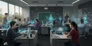 Students learning in a futuristic classroom with advanced technology, representing innovative education in 2026.