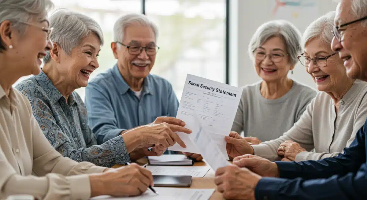 Senior citizens reviewing Social Security statements and discussing financial planning.