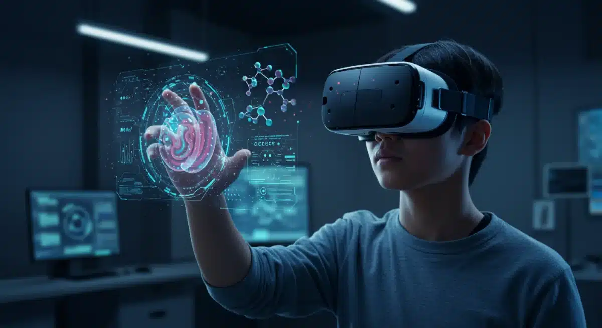 Student using virtual reality for immersive learning, exploring scientific concepts.