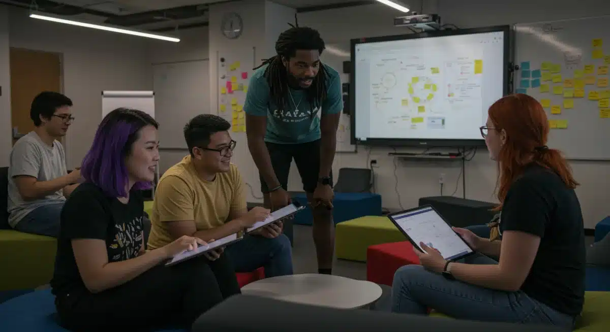 Diverse students collaborating on a project in a modern learning environment.