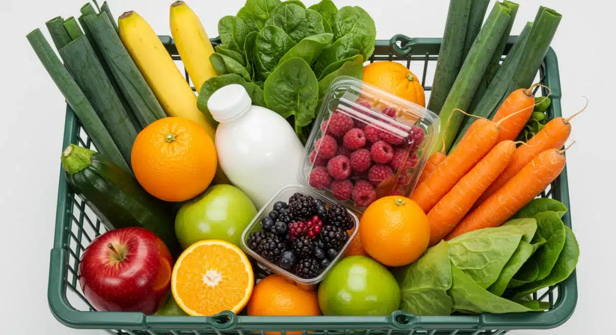 Assortment of fresh fruits and vegetables in a basket, symbolizing healthy food choices with WIC.