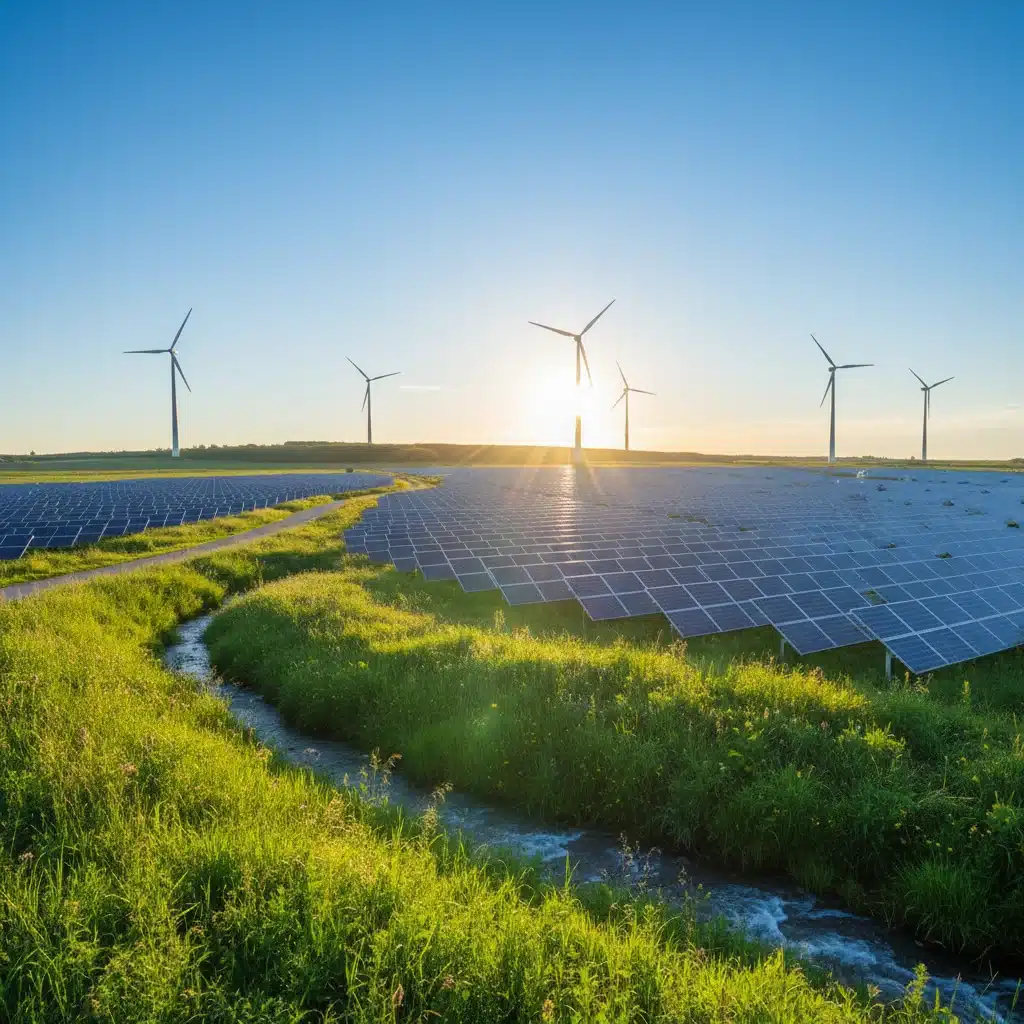 Landscape with solar panels and wind turbines, representing clean energy adoption.