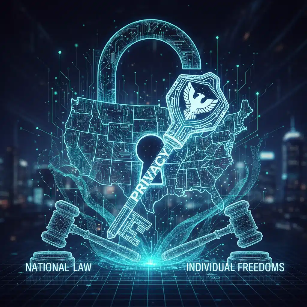 Digital lock and key over US map, symbolizing data privacy rights