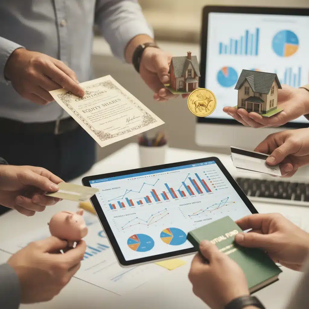 Diverse hands holding investment items over financial charts, symbolizing diversified 401(k) investment strategies.