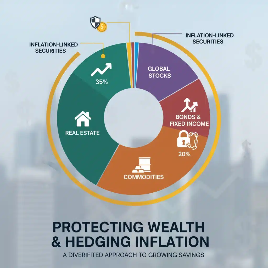 Diversified investment portfolio pie chart showing various asset classes for inflation hedging.