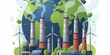 Illustration of global environmental policy shift with cleaner industrial emissions and renewable energy.