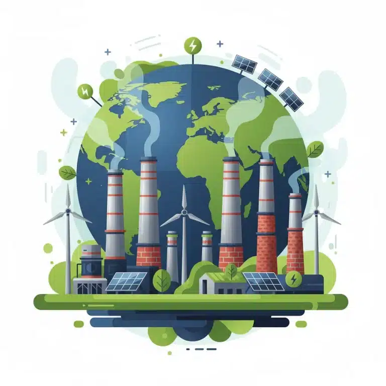 Illustration of global environmental policy shift with cleaner industrial emissions and renewable energy.