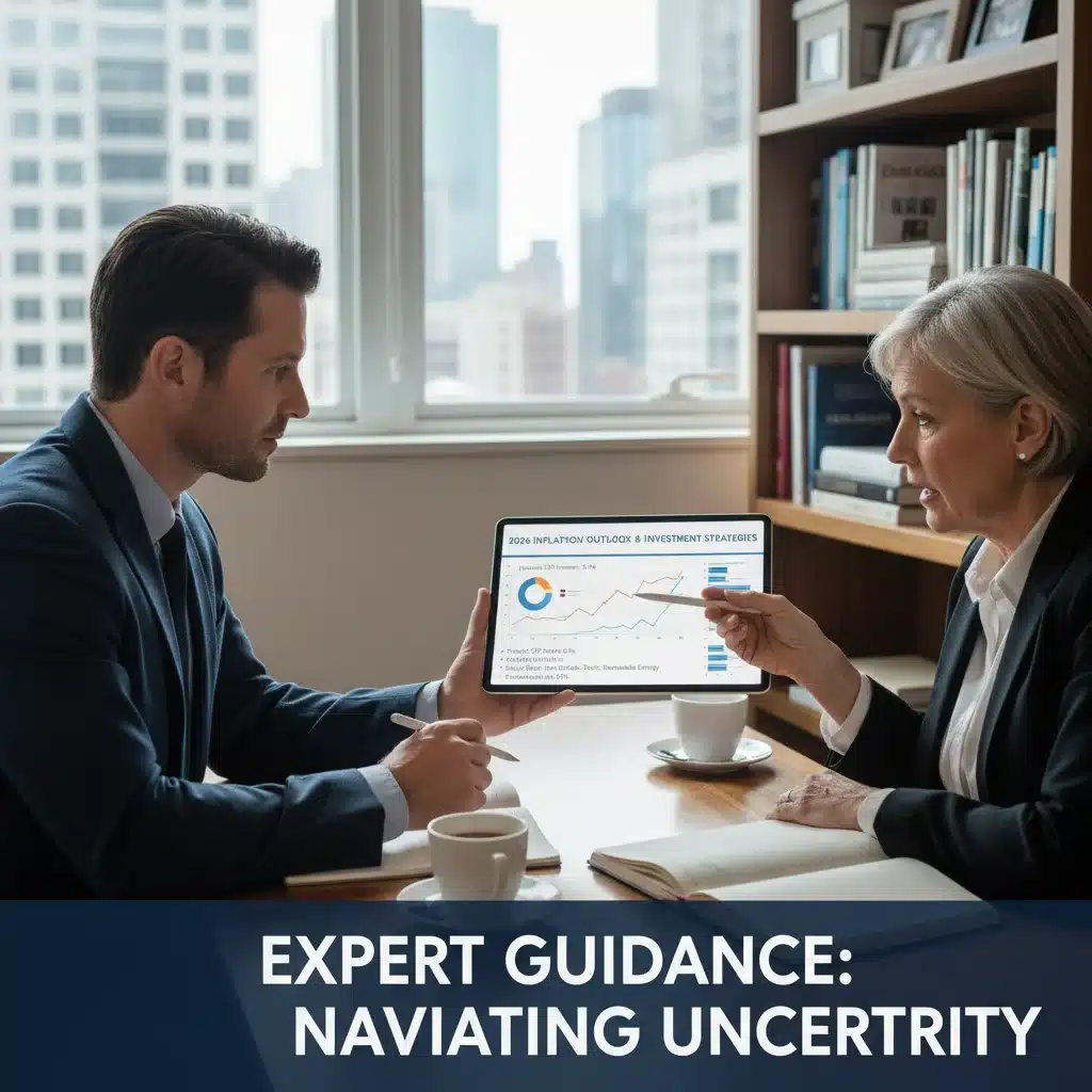 Financial advisor explaining investment strategies to a client to mitigate 2026 inflation risks.