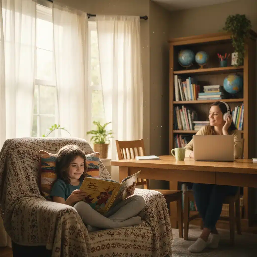 Child reading independently in a cozy home environment, supported by parental presence.