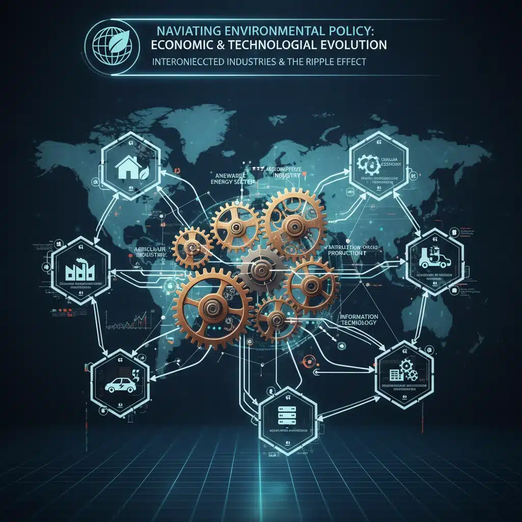 Infographic depicting economic and industrial adaptation to new environmental regulations.